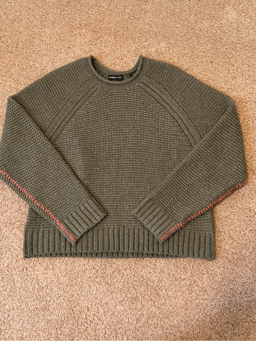 prAna Cades Cove Olive Green Crewneck Knit Sweater